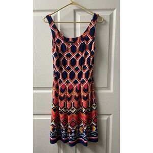 Glamour Sleeveless Honeycomb Dress Size 4P Fit  Flare Blue Orange Pleated Border